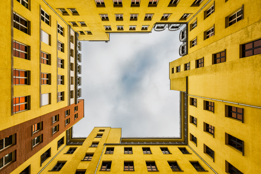 BERLIN - DEC 2017:  Inner Courtyard of typical Berlin appartment building, Quartier Schützenstraße, Berlin Mitte